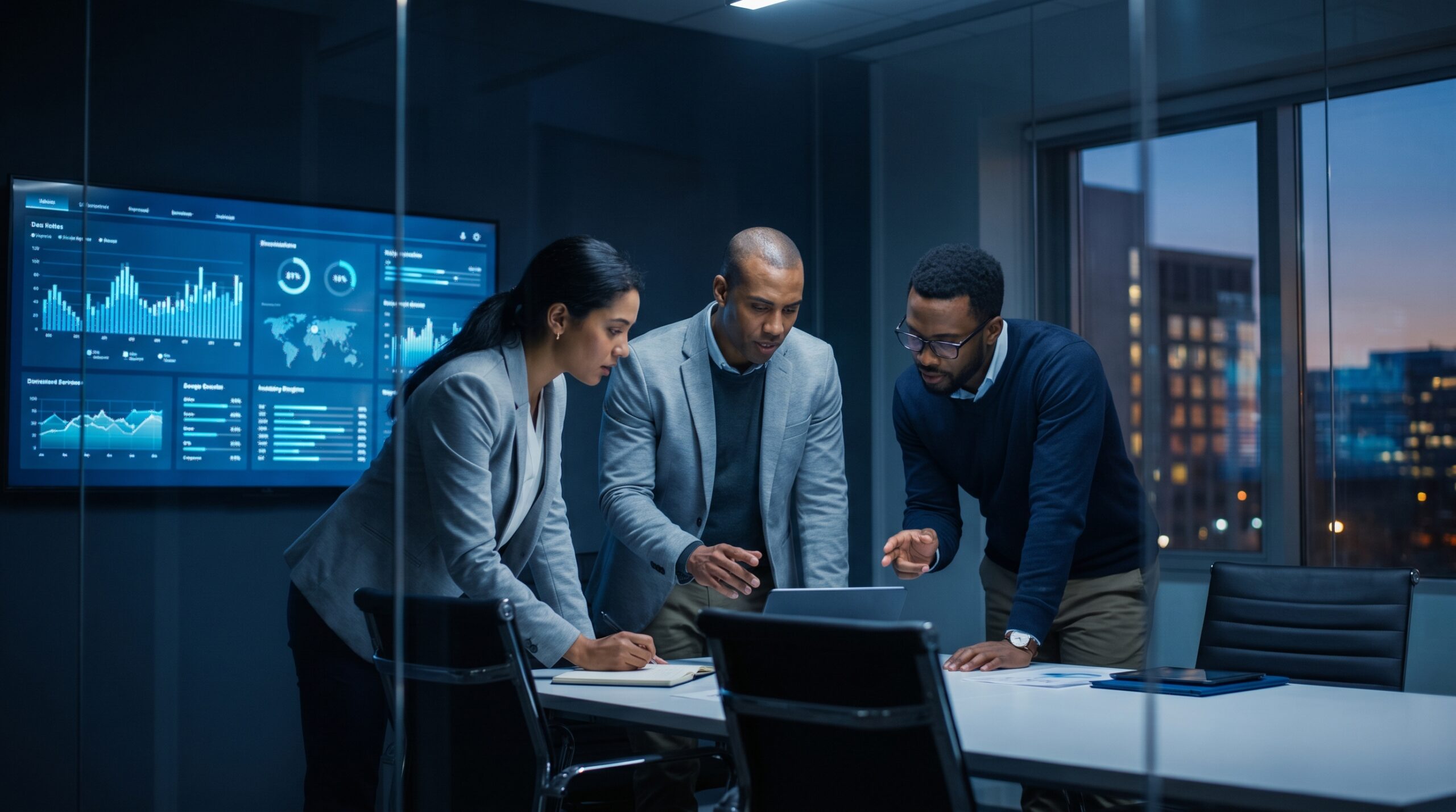 Equipo directivo analizando la cadena digital global y estrategias tecnológicas