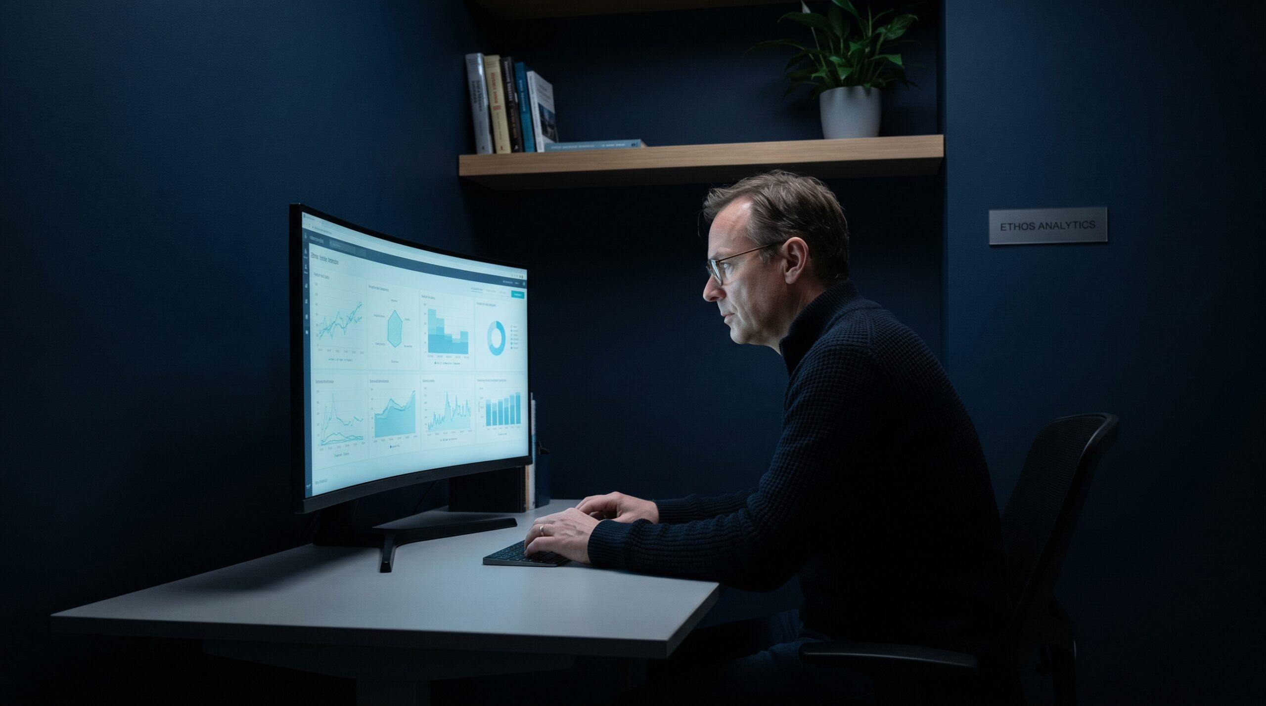 Estratega digital analizando datos e Inteligencia Artificial en entorno corporativo