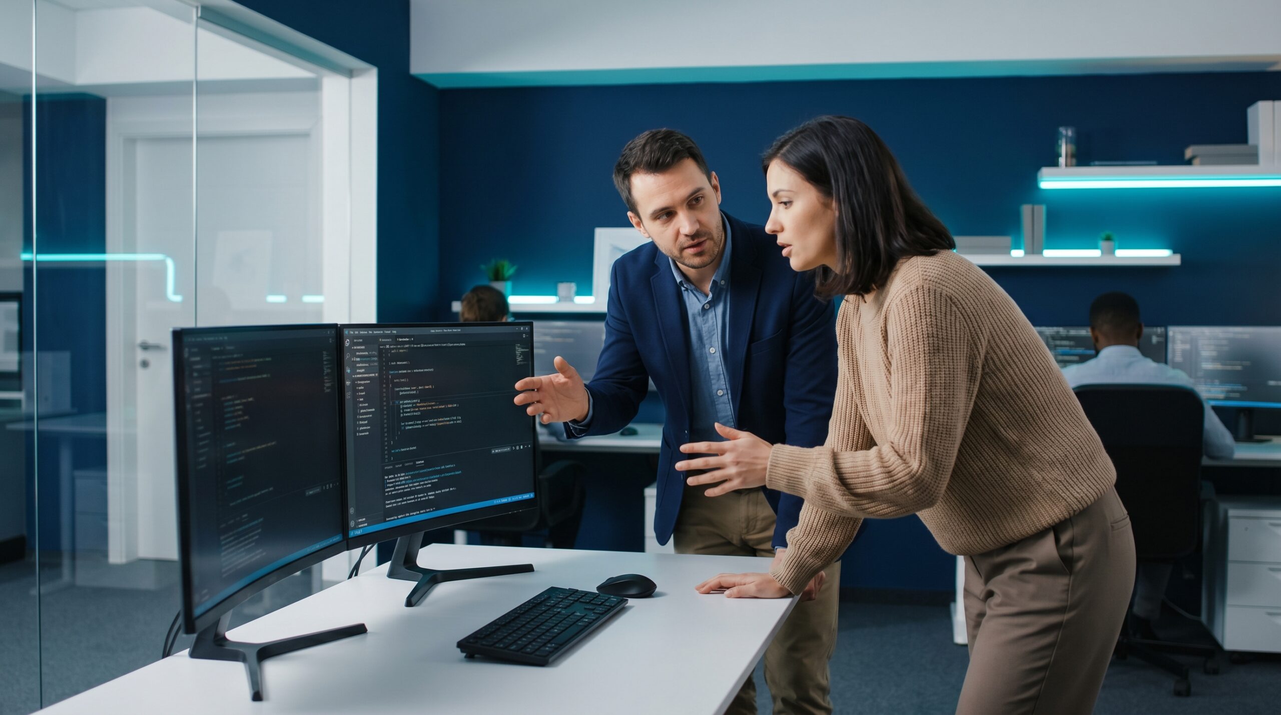 Ingenieros de software colaborando en desarrollo con infraestructura abierta Cline SDK y automatización