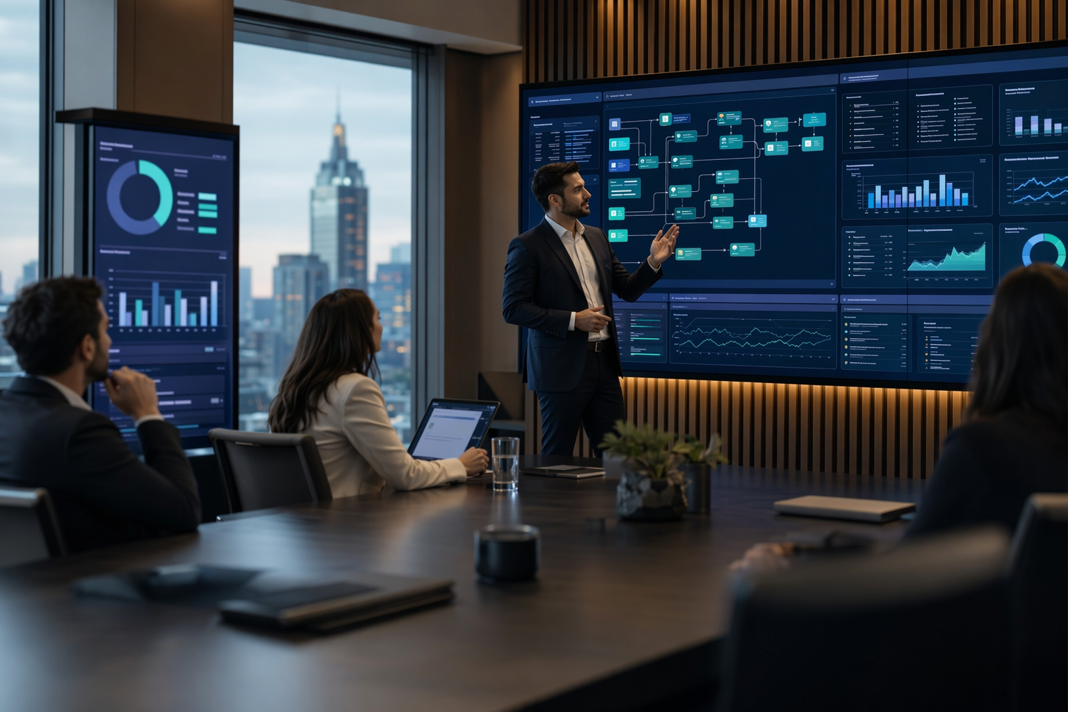 agentes autonomos julio 2026 en una sala ejecutiva con dashboards de automatización e IA