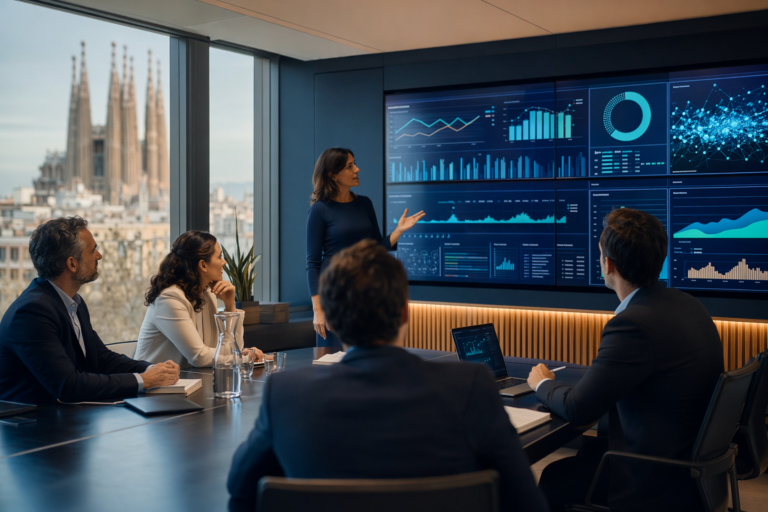 IA operativa empresarial en un comité directivo con datos de negocio